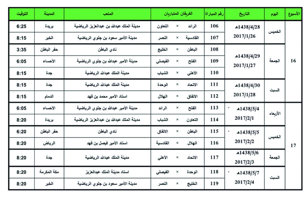 



جدول مباريات دوري جميل للجولتين 16 و17