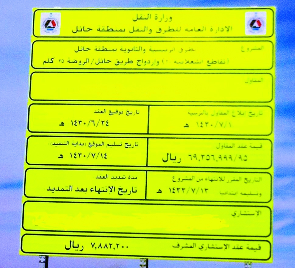 لوحة وزارة النقل توضح مراحل مشروع طريق الروضة.