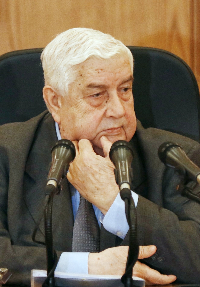 Syrian Foreign Minister Walid Muallem looks on during a press conference in the capital Damascus on April 6, 2017. Syria's regime and Russia hit back at accusations that Damascus was behind a deadly chemical weapons attack, as pressure built for international action over what Washington called an «affront to humanity». / AFP / Louai Beshara
