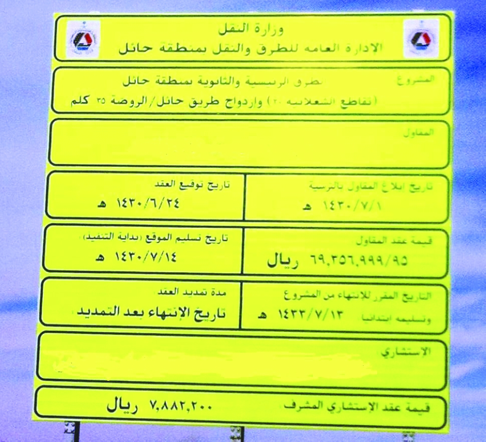 لوحة وزارة النقل توضح بداية مشروع طريق الروضة ونهايته.