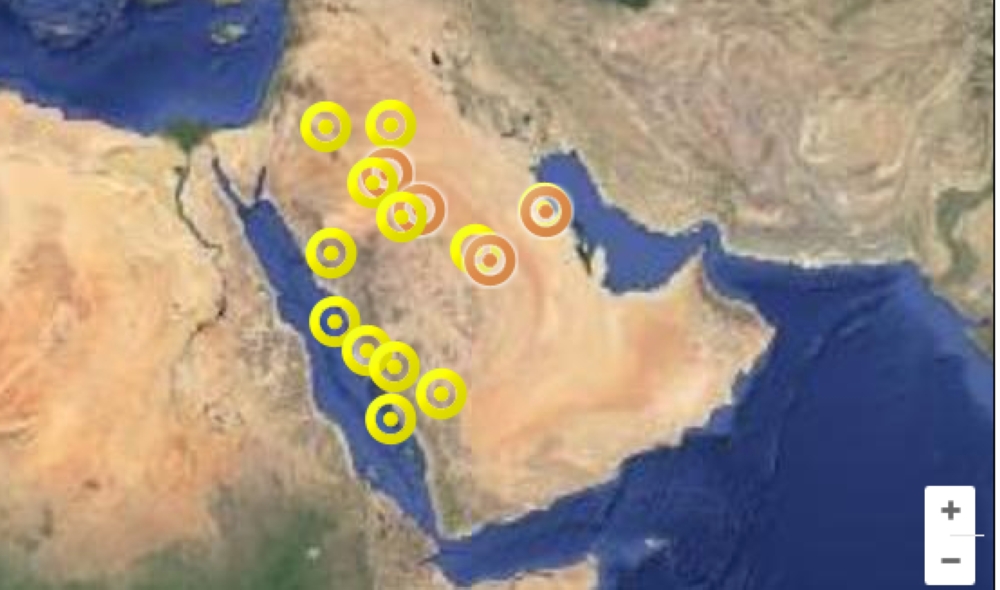 خريطة التنبيهات التي أطلقها نظام الإنذار المبكر للأرصاد وحماية البيئة.