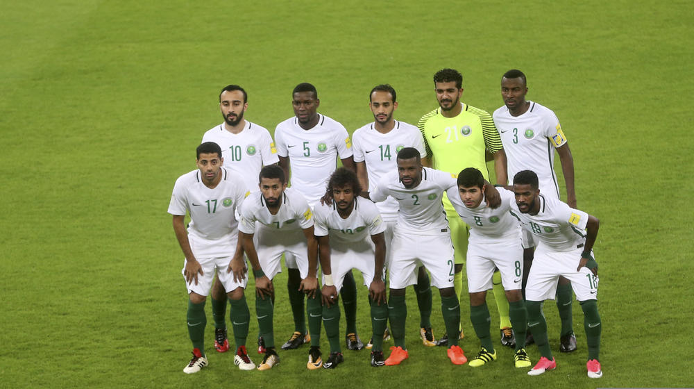 Saudi Arabia team players pose prior to the start of the 2018 World Cup group B qualifying soccer match between Saudi Arabia and Japan in Jiddah, Saudi Arabia, Tuesday, Sept. 5, 2017. (AP Photo)