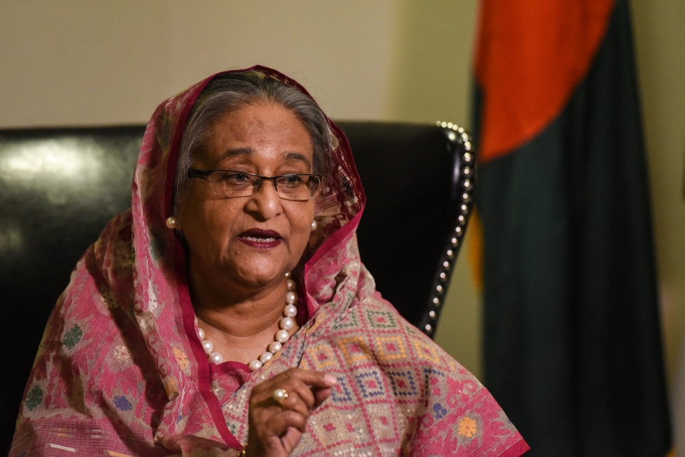 Bangladesh's Prime Minister Sheikh Hasina Wazed speaks with a reporter during the United Nations General Assembly in New York City, U.S. September 18, 2017. REUTERS/Stephanie Keith