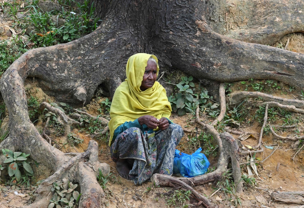 Rohingya refugee sits amongst tree roots at Kutupalong refugee camp in the Bangladeshi district of Ukhia on October 28, 2017. More than 600,000 Rohingya have arrived in Bangladesh since a military crackdown in neighbouring Myanmar in August triggered an exodus, straining resources in the impoverished country. / AFP / TAUSEEF MUSTAFA 