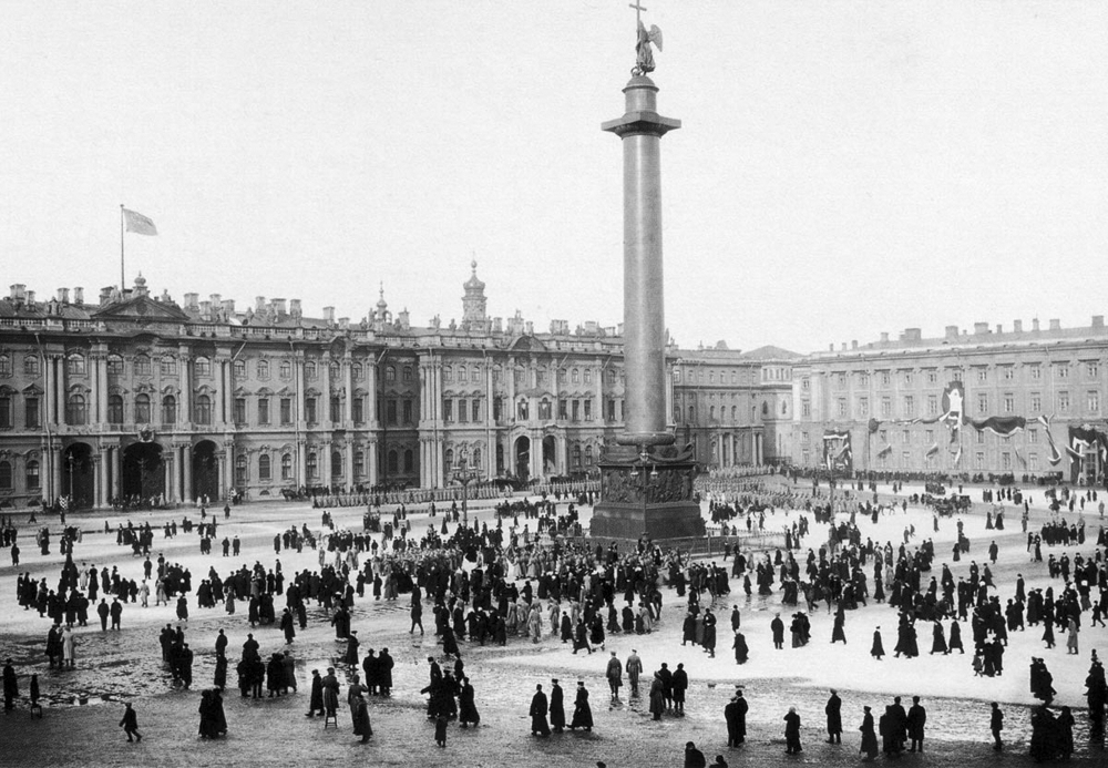 In this undated photo provided by Karl Bulla Historical Foundation shows a view of Zimny (Winter) Palace and Dvortsovaya (Palace) Square in St.Petersburg, Russia. The 1917 Bolshevik Revolution was long before the digital revolution allowed anyone to instantly document events. But the clumsy cameras of the time still caught some images that capture the period's drama. (Karl Bulla, Karl Bulla Historical Foundation via AP)