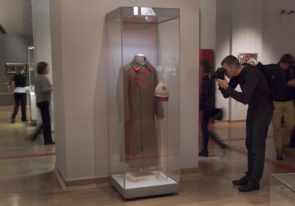 A Red Army soldier's uniform is on display during the opening of 