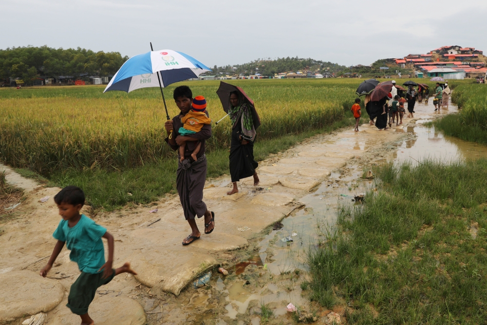 Rohingya refugees walk along the paddy field as they come out of the Palong Khali refugee camp in Cox's Bazar, Bangladesh, November 17, 2017. REUTERS/Mohammad Ponir Hossain