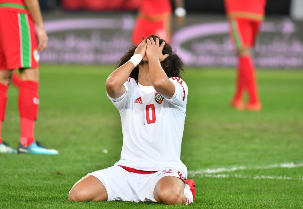 The UEA's player Omar Abdulrahman reacts during the Gulf Cup of Nations 2017 final football match between Oman and the UAE at the Sheikh Jaber al-Ahmad Stadium in Kuwait City on January 5, 2018. / AFP / GIUSEPPE CACACE
