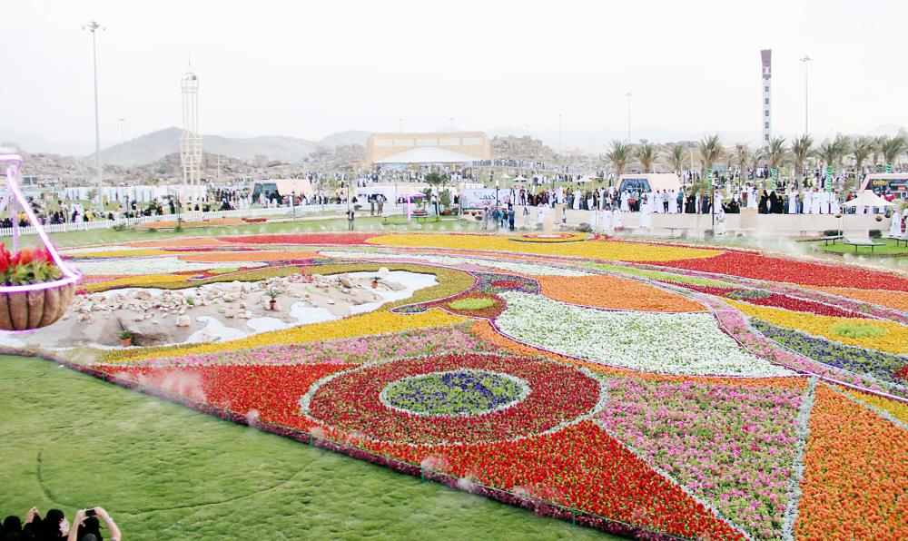 



زوار أمام سجادة ورد في متنزه الردف. (عكاظ)