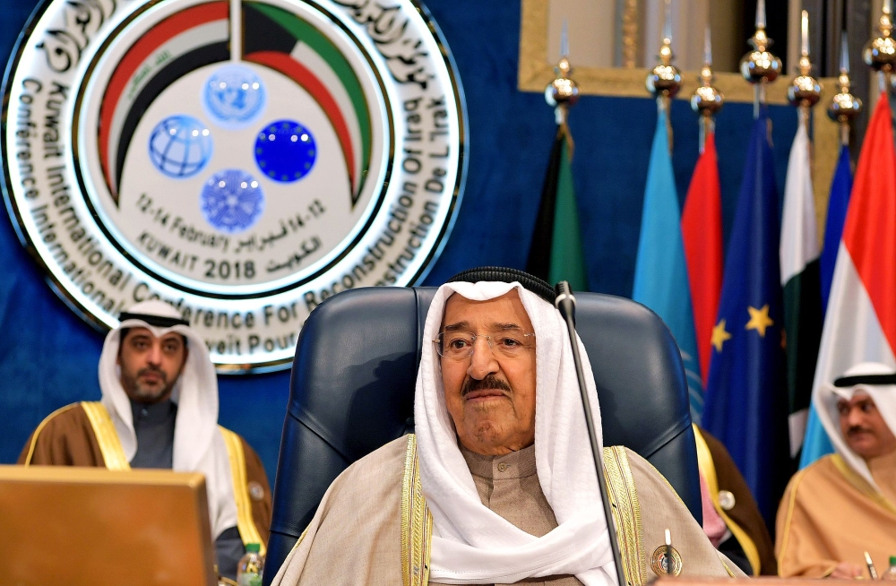 Emir of Kuwait Sheikh Sabah al-Ahmad al-Jaber al-Sabah chairs the second day of an international conference for reconstruction of Iraq, in Kuwait City, on February 14, 2018. / AFP / YASSER AL-ZAYYAT
