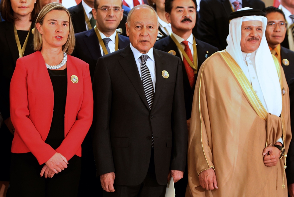 EU High Commissioner Federica Mogherini (L), Arab League Secretary General Ahmed Aboul Gheit (C) Secretary General of the Gulf Cooperation Council (GCC) Abdullatif bin Rashed al-Zayani attend the Kuwait international conference for reconstruction of Iraq at Bayan palace in Kuwait City on February 14, 2018. / AFP / YASSER AL-ZAYYAT
