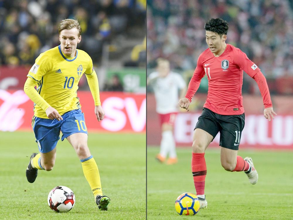 (COMBO) This combination of pictures created on June 16, 2018 shows Sweden's midfielder Emil Forsberg (L) in Solna, Sweden, on October 7, 2017, and South Korea's striker Son Heung-min (R) in Chorzow, Poland on March 27, 2018.
 In Group F, Sweden open their World Cup against South Korea in Nizhny Novgorod on June 18, before facing reigning World champions Germany and Mexico. / AFP / Jonathan NACKSTRAND AND ANDRZEJ IWANCZUK
