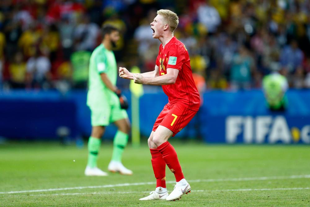 Belgium's midfielder Kevin De Bruyne celebrates at the end of the Russia 2018 World Cup quarter-final football match between Brazil and Belgium at the Kazan Arena in Kazan on July 6, 2018. RESTRICTED TO EDITORIAL USE - NO MOBILE PUSH ALERTS/DOWNLOADS

 / AFP / BENJAMIN CREMEL / RESTRICTED TO EDITORIAL USE - NO MOBILE PUSH ALERTS/DOWNLOADS

