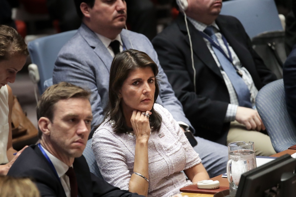 NEW YORK, NY - JULY 24: U.S. Ambassador to the United Nations Nikki Haley looks on during a United Nations Security Council meeting at UN Headquarters, July 24, 2018 in New York City. The Security Council discussed the ongoing conflict between Israel and Palestine.   Drew Angerer/Getty Images/AFP
== FOR NEWSPAPERS, INTERNET, TELCOS & TELEVISION USE ONLY ==
