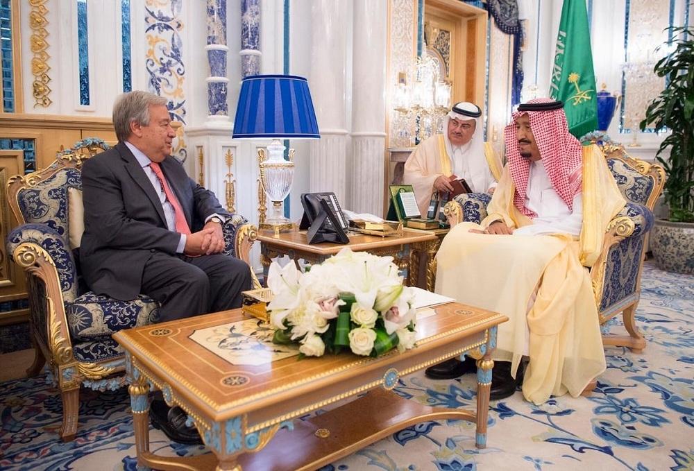 The Custodian of the Two Holy Mosques King Salman bin Abdulaziz Al Saud received at Al-Salam Palace in Jeddah today the Secretary General of the United Nations Antonio Guterres and his accompanying delegation.