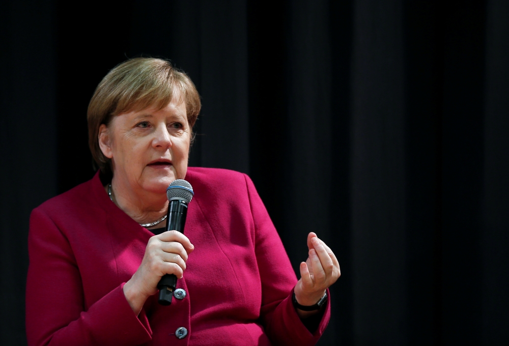 German Chancellor Angela Merkel speaks during a visit at the German School of Athens, Greece, January 11, 2019. REUTERS/Costas Baltas