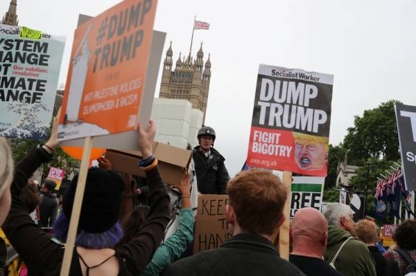 Demonstrators take part in a protest against U.S. President Donald Trump, in London, Britain, June 4, 2019. REUTERS/Alkis Konstantinidis