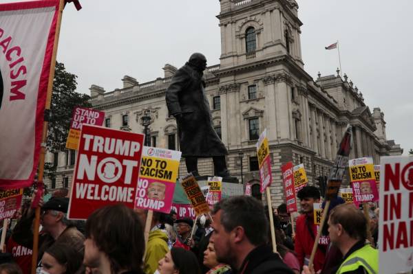 Demonstrators take part in a protest against U.S. President Donald Trump, in London, Britain, June 4, 2019. REUTERS/Alkis Konstantinidis