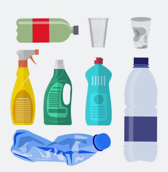 Plastic waste icon collection on white. Plastic bottles and another garbage, non-recyclable trash. Vector illustration in flat style