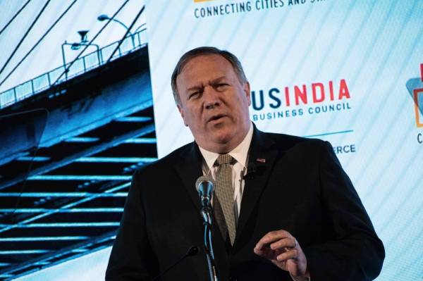 US Secretary of State Mike Pompeo addresses the India Ideas Summit in Washington, DC, on June 12, 2019. Pompeo said on June 10, 2019, he would visit India this month to forge closer relations with re-elected Prime Minister Narendra Modi. / AFP / NICHOLAS KAMM 