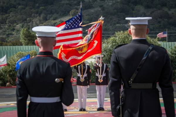 The U.S. Marine Corps Color Guard Platoon during a ceremony at Marine Corps Base Camp Pendleton, California, U.S., March 15, 2018. Lance Cpl. Rhita Daniel/U.S. Marines/Handout via REUTERS ATTENTION EDITORS - THIS IMAGE WAS PROVIDED BY A THIRD PARTY.