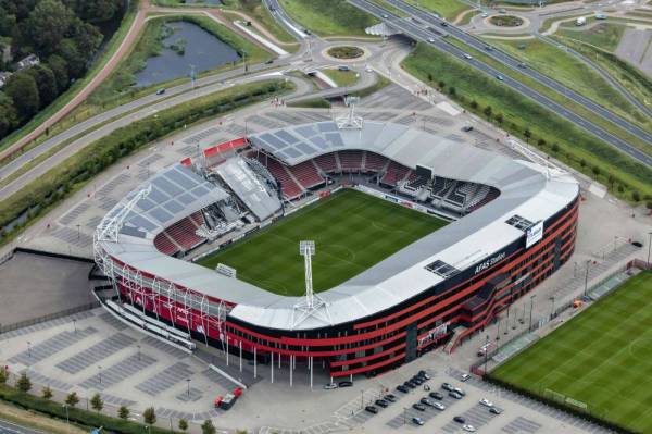 An aerial photograph taken on August 11, 2019 shows the collapsed roff of the AZ Alkmaar football club's AFAS Stadium in Alkmaar due to strong gusts of wind the day before. High winds caused part of Dutch club AZ Alkmaar's stadium to collapse with officials relieved that the ground was empty at the time. Dramatic pictures emerged of the damage to the 17,000-capacity AFAS stadium in the northern Dutch city which was built 13 years ago.
 - Netherlands OUT
 / AFP / ANP / -