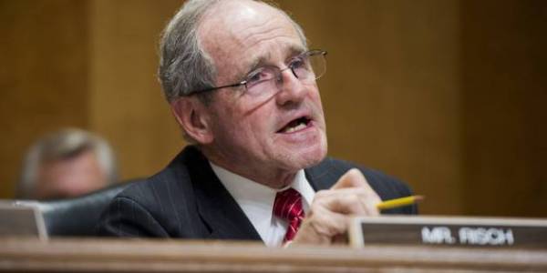 UNITED STATES - APRIL 8: Sen. Jim Risch, R-Idaho, questions Secretary of State John Kerry, during a Senate Foreign Relations Committee hearing in Dirksen Building titled 