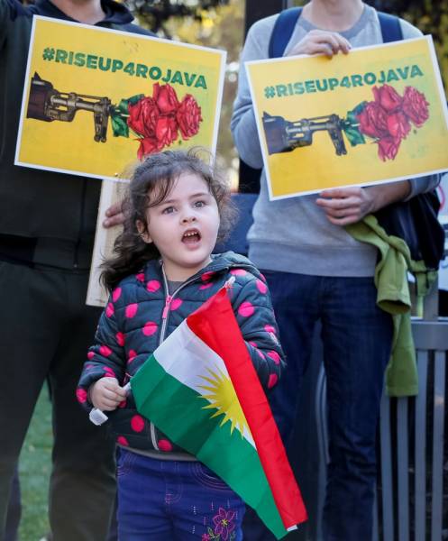 Protesters take part in a rally against the Turkish military operation in Syria, in front of the U.S. embassy in Kiev, Ukraine October 16, 2019. REUTERS/Gleb Garanich