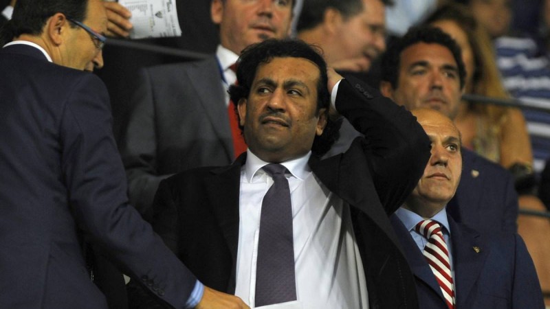 Malaga CF's chairman Sheikh Abdallah Ben Nasser Al-Thani (c) gestures during a Spanish league football match match between Malaga C.F. and Sevilla at Rosaleda stadium on September 19, 2010. AFP PHOTO / JORGE GUERRERO. (Photo credit should read Jorge Guerrero/AFP/Getty Images)