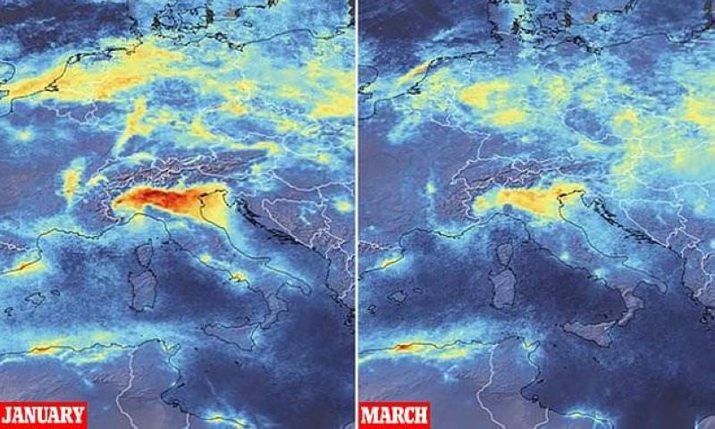 صور الاقمار الصناعية توضح نسبة انحسار تلوث الهواء في شمال إيطاليا بين شهري يناير ومارس. 