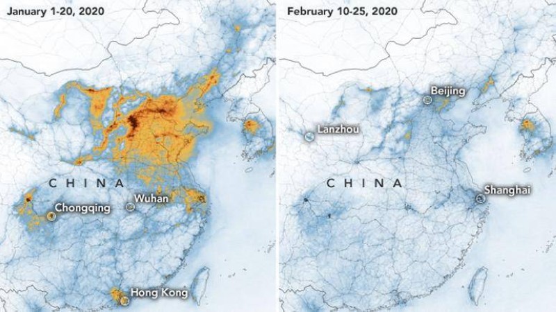 صور الأقمار الصناعية توضح انحسار نسبة تلوث الهواء في الصين بين شهري يناير وفبراير. 