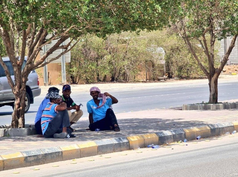 عمال يستظلون تحت شجرة بعد تطبيق قرار حظر العمل تحت أشعة الشمس بحفر الباطن. (تصوير: نايف الشريهي)