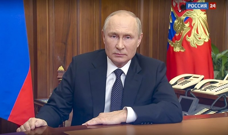 In this image made from a video released by the Russian Presidential Press Service, Russian President Vladimir Putin addresses the nation in Moscow, Russia, Wednesday, Sept. 21, 2022. (Russian Presidential Press Service via AP)